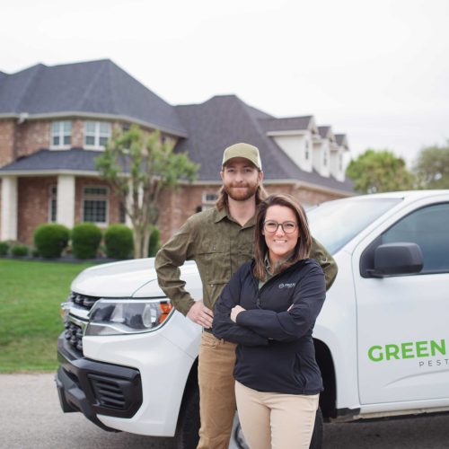 green balance pest control truck with Dalin and Kris
